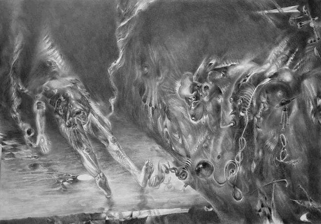 Down the Gyre, Graphite on paper, 2025